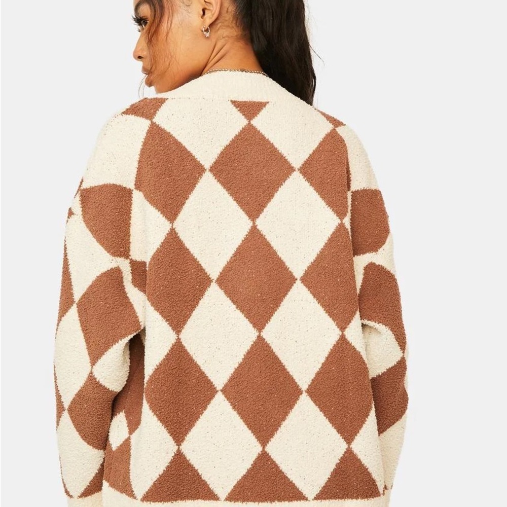 Le Lis Brown and Cream Argyle Cardigan - Picture 2 of 12